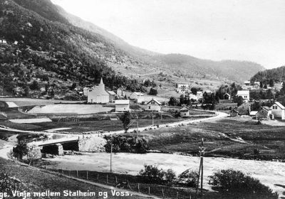 Vinjagrende landskap og hus