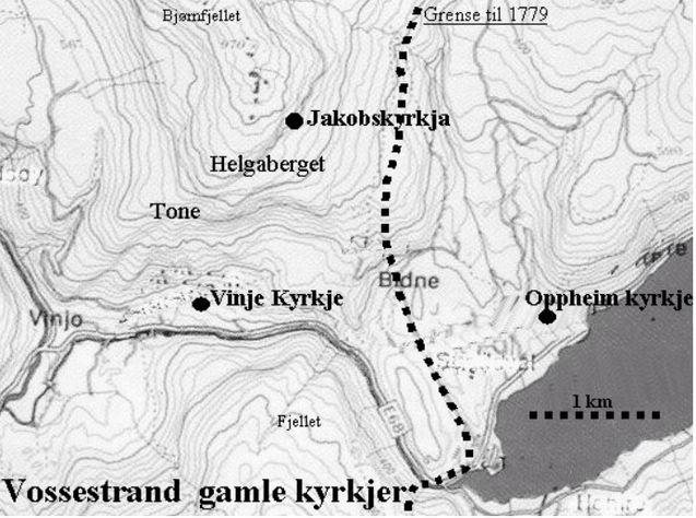 Kart over kyrkjene på Vossestrand